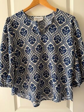 Alex & Parker Blue and Cream Printed Peasant Blouse